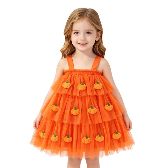 Otqutp Toddler Girls Halloween Dress Spaghetti Strap Star Glitter Skirt Pumpkin Tulle Dress Kids Fall Sleeveless Tank Dresses