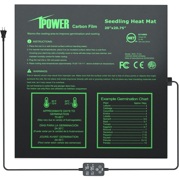 Alfombrilla térmica iPower para plántulas, 20 x 20,75 cm, con controlador de temperatura
