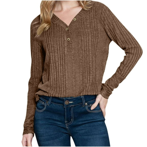Sexlip Women's Long Sleeve V Neck Tops Fall Fashion Casual Blouses Pullover Sweaters Tunics for Daily Outfits Brown XL