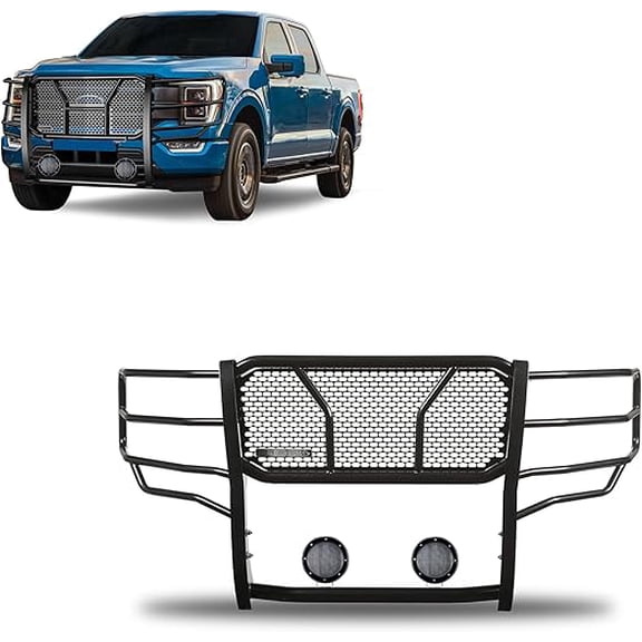 Black Horse RUGGED Heavy Duty Grille Brush Bumper Guard Modular Black Come with Pair of 5.3" Dia.LED Lights with Black Trim Rings Compatible with 2021-2024 Ford F-150-RU-FOF116-B-PLFB