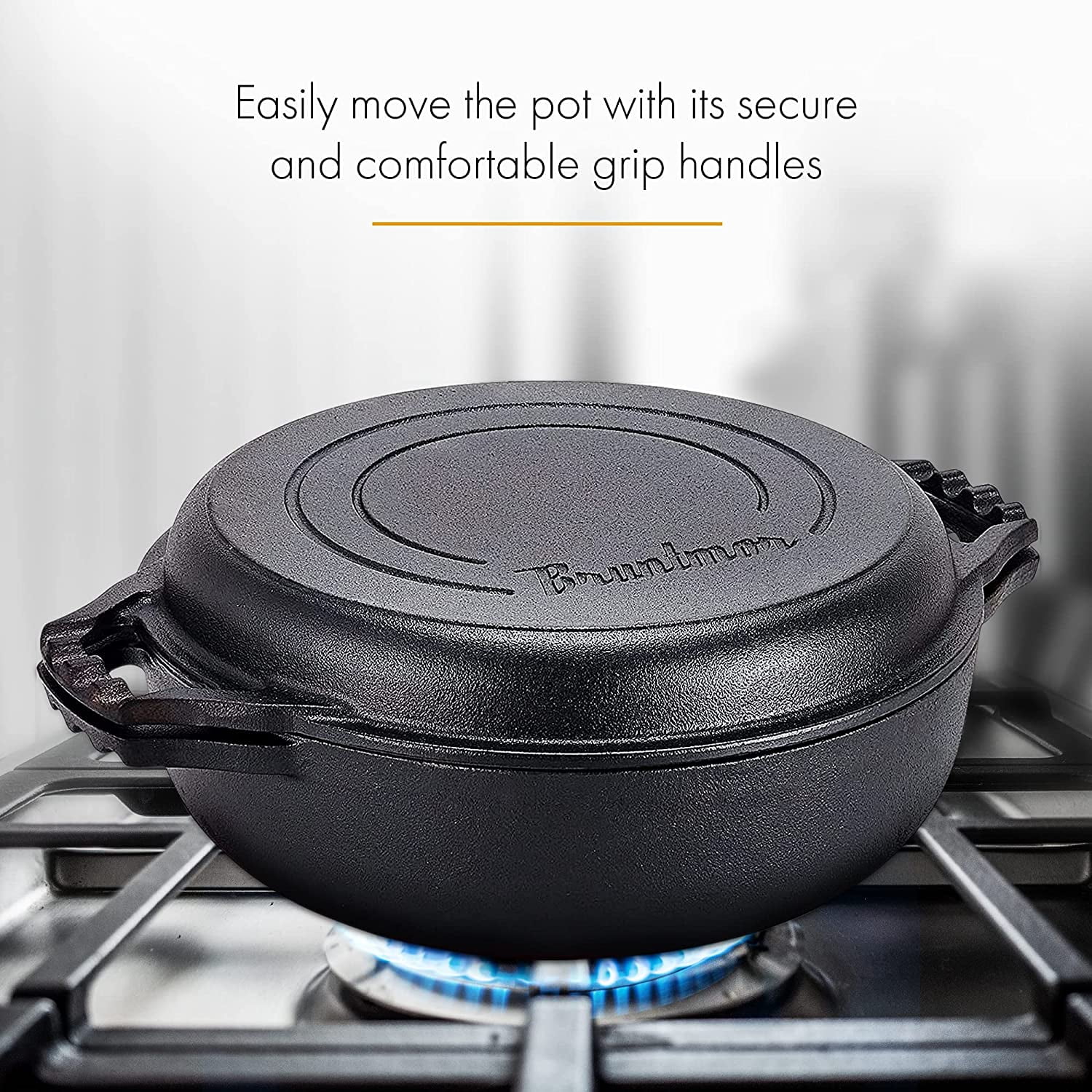 Bruntmor | 2-In-1 Pre-Seasoned Cast Iron Cocotte Double Braiser Pan With Grill - 3