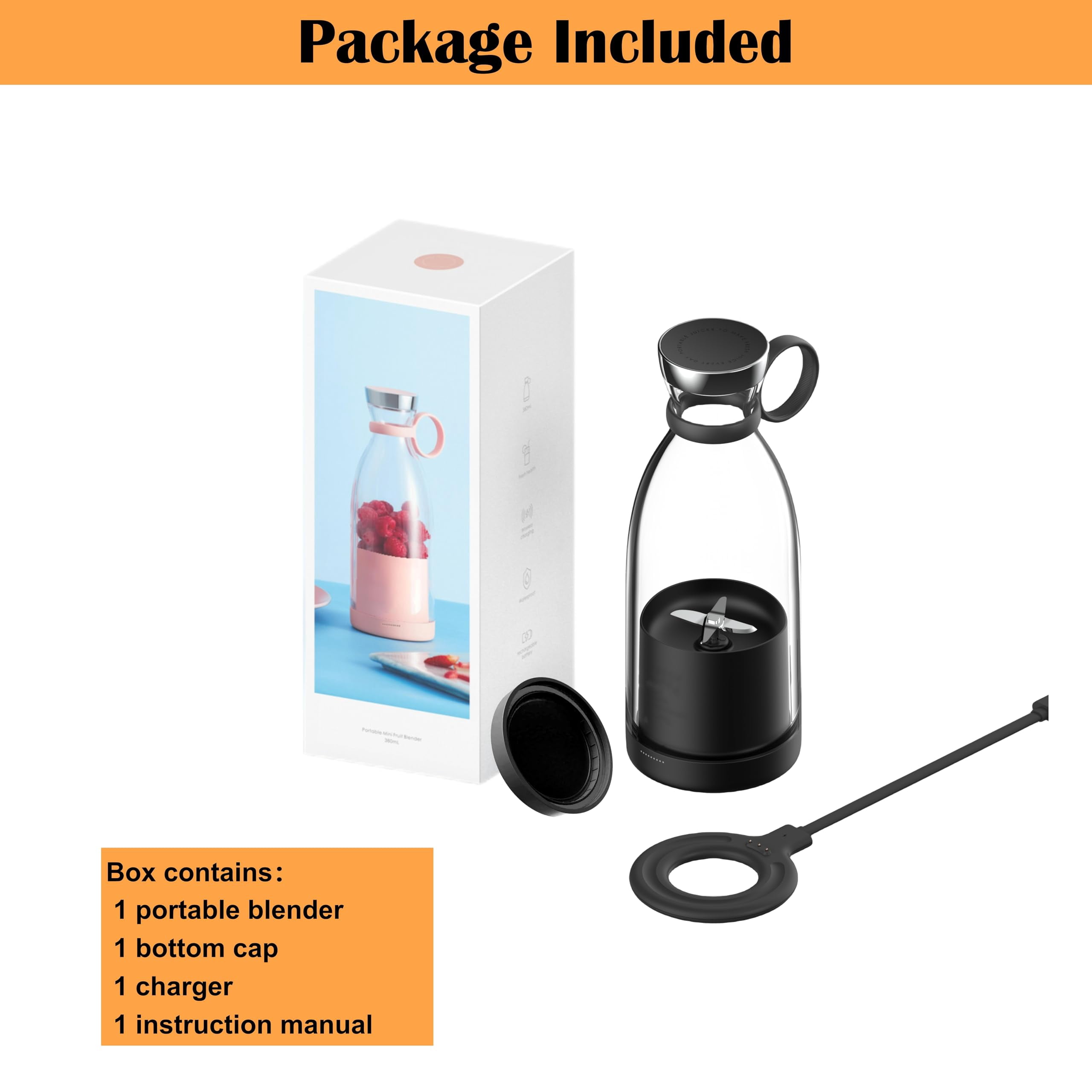 Portable Blender for Shakes and Smoothies with 11.83 Oz Travel Cup and Lid,Durable Stainless Steel Blades for Juice Blending Performance, Black