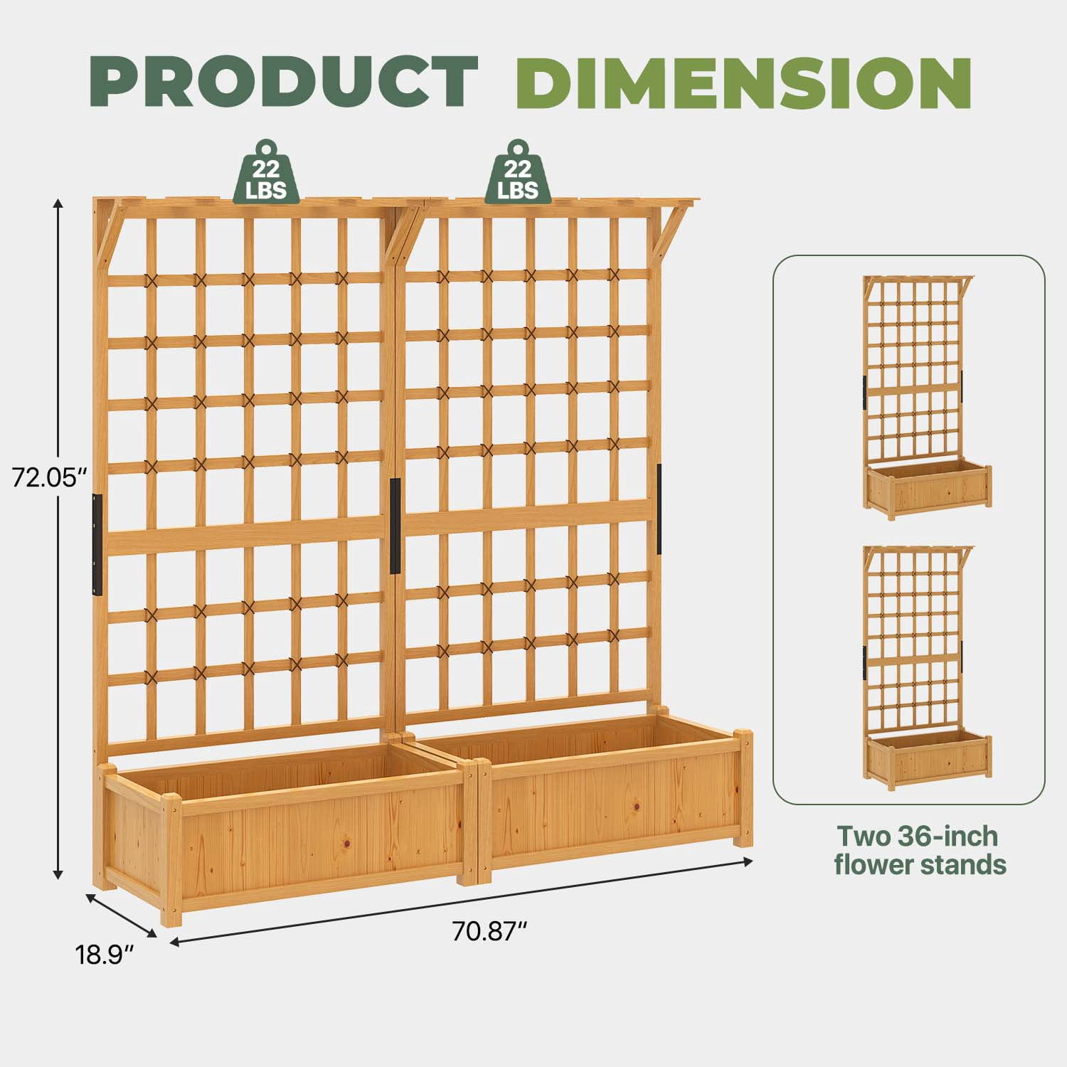 BaPiPro Yellow-Brown Tall Wood Planter Box with Trellis - 36" Raised Garden Bed with Hanging Roof, Outdoor Elevated Planter for Climbing Plants, Flowers - 2-Pack for Patio, Balcony