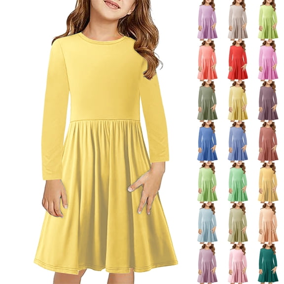 SROBPTY Child Girls Dresses Solid Long Sleeve Crew Neck Pleated Mid-Length Sundress