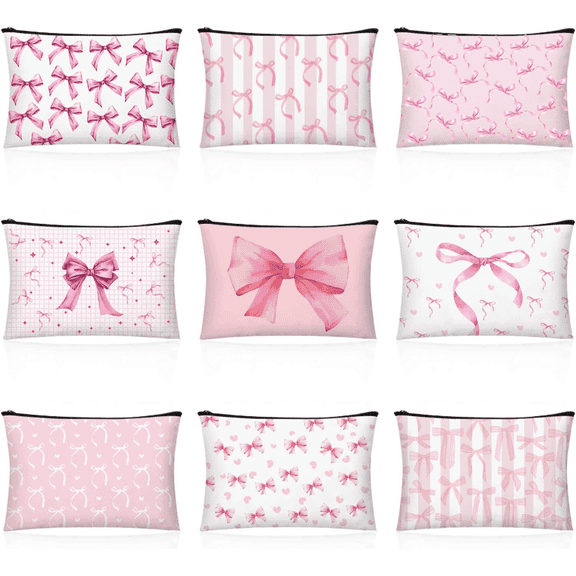 HNYG 9Pcs Pink Bow Makeup Bag, Coquette Makeup Bag for Pretty Women, Zipper Pouch Travel Toiletry Bags Pink Trendy Pouch, Coquette Birthday Paty Gifts Girls Travel Storage Accessories