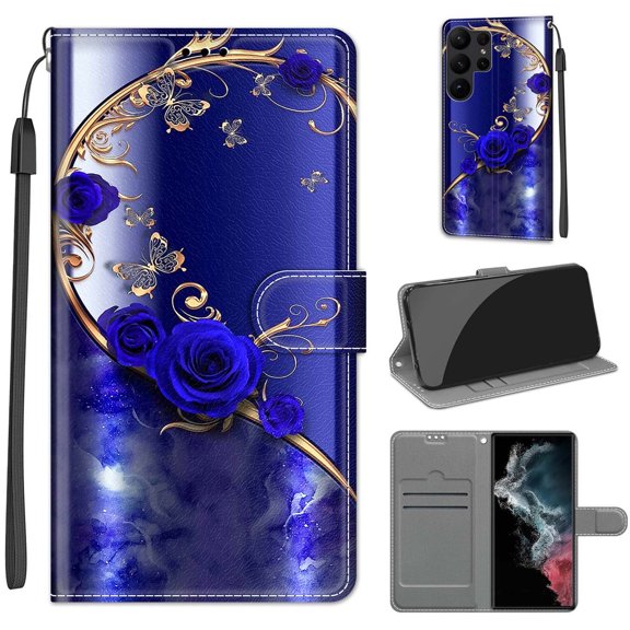 Flip Wallet Case for Samsung Galaxy S23 Ultra, with Kickstand Credit Card Holder Slot Cute Pattern Magnetic Clasp Premium PU Leather Protective Case with Wrist Strap - Blue Rose + Golden Butterfly