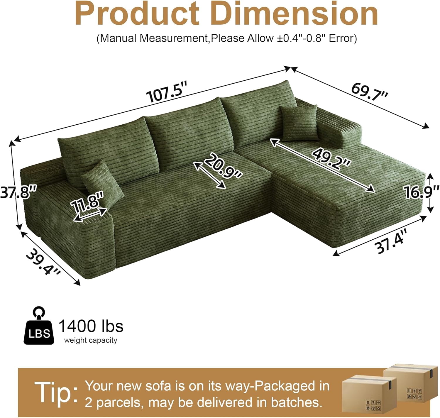 Sailvan 107" Cloud Sectional Couch, Cloudy Sofa with L-Shape Chaise, Upholstered Couches for Living Room & Bedroom, No Assembly Required, Plush Corduroy Fabric, Green
