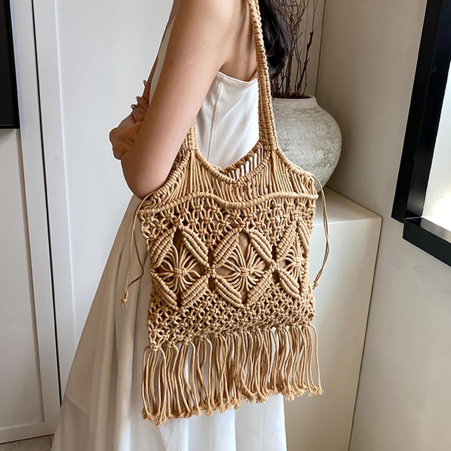 Beach Bag for Women Crochet Bag Large Woven Tote Bag Brown Beach Bags Straw Handbags for Womens