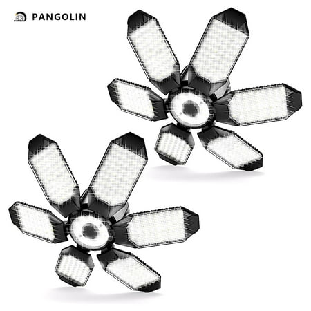 PANGOLIN 2 Pack LED Garage Lights, Super Bright 64000LM 160W LED Garage Ceiling Light, 6500K LED Shop Light, W/6 Deformable Panels Screw in E26/E27 Socket LED Bulbs for Workshop Storage Warehouse