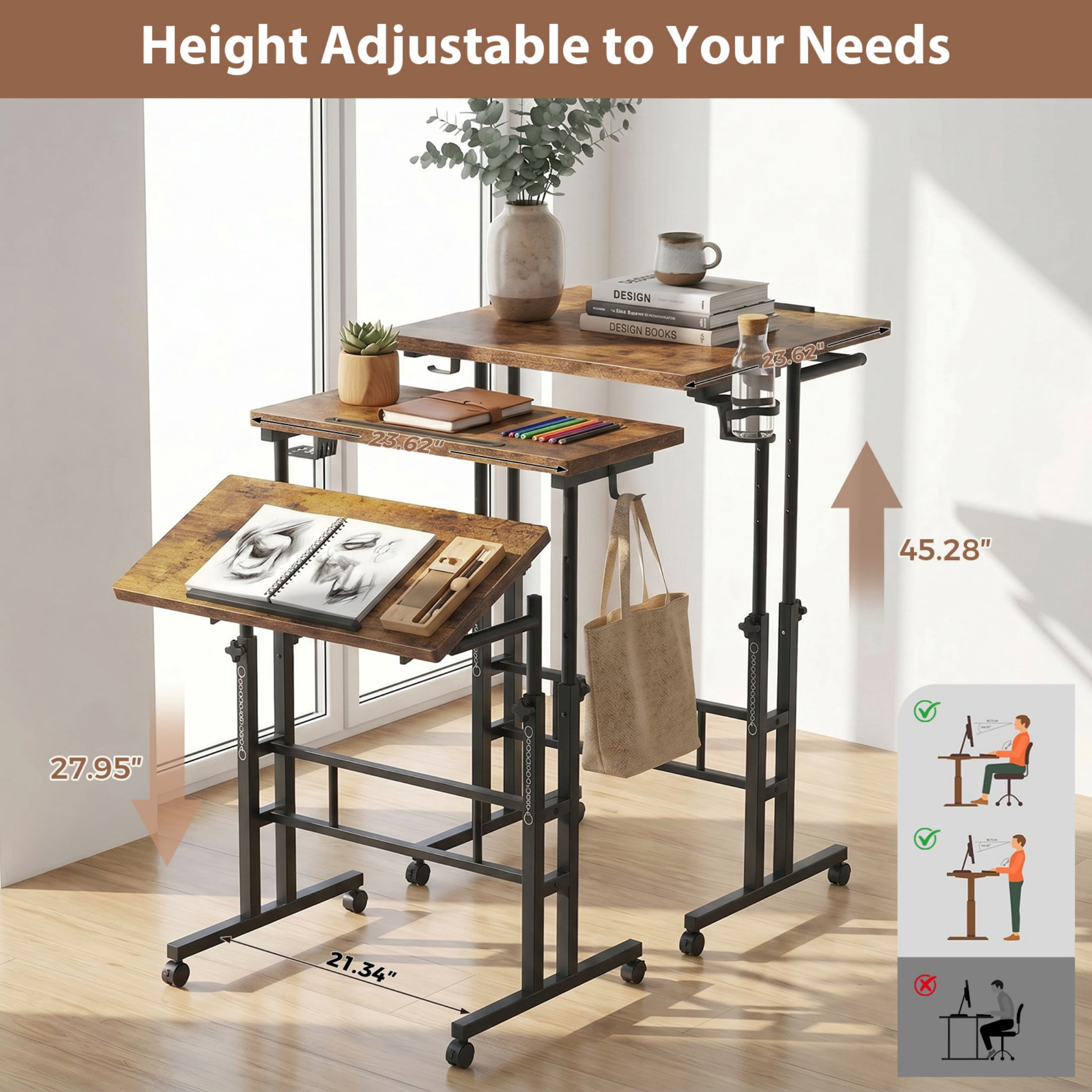 CONCETTA 23.6 inch Mobile Standing Desk, Adjustable Height Rolling Computer Desk for Home Office, Portable Treadmill Sit Stand Workstation, Rust