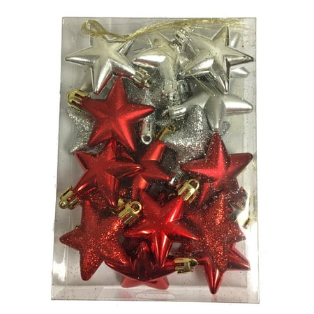 - Red and Silver Stars Shiny Matte and Glitter Christmas Tree Ornaments Set of 20
