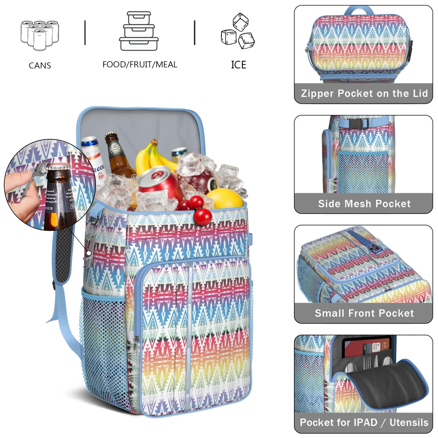 Travel Cooler Bag - Boho Bohemia Pioneer Flower Geometric Line Art Camping Beer Cooler Backpack with Bottle Opener- Waterproof Insulated Picnic Backpacks - Cooler Bag for Beach