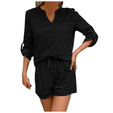 ZHAGHMIN Two Piece Womens Outfits Summer Womens Loungewear Set Short Sleeve V Neck Tops and Shorts 2 Piece Outfits Matching Dressy Outfits with Pockets Black SizeM