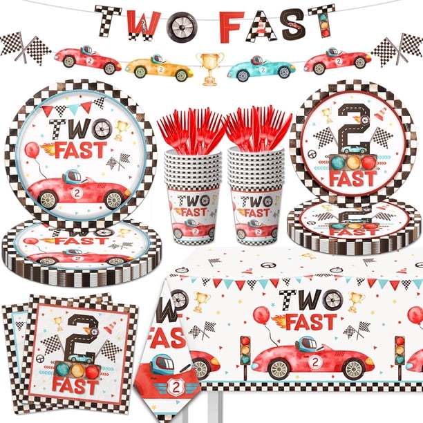 Dos Suministros Rápidos para Fiesta de Cumpleaños 142 Piezas Kit de Vajilla Decoraciones de Segundo Cumpleaños de Coche de Carreras Incluye Platos de Coche de Carreras Servilletas Mantel para Fiesta d