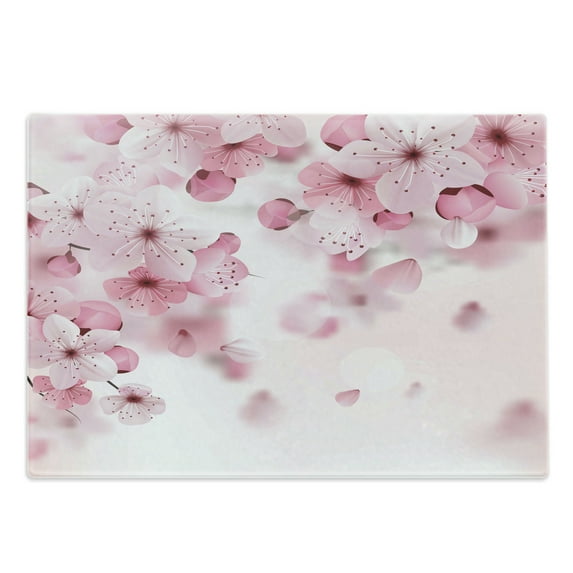 Floral Cutting Board, Japanese Sakura Flowers Blossoms Eastern Spring Nature Theme Illustration, Decorative Tempered Glass Cutting and Serving Board, Large Size, Pale Pink Pale Pink, by Ambesonne