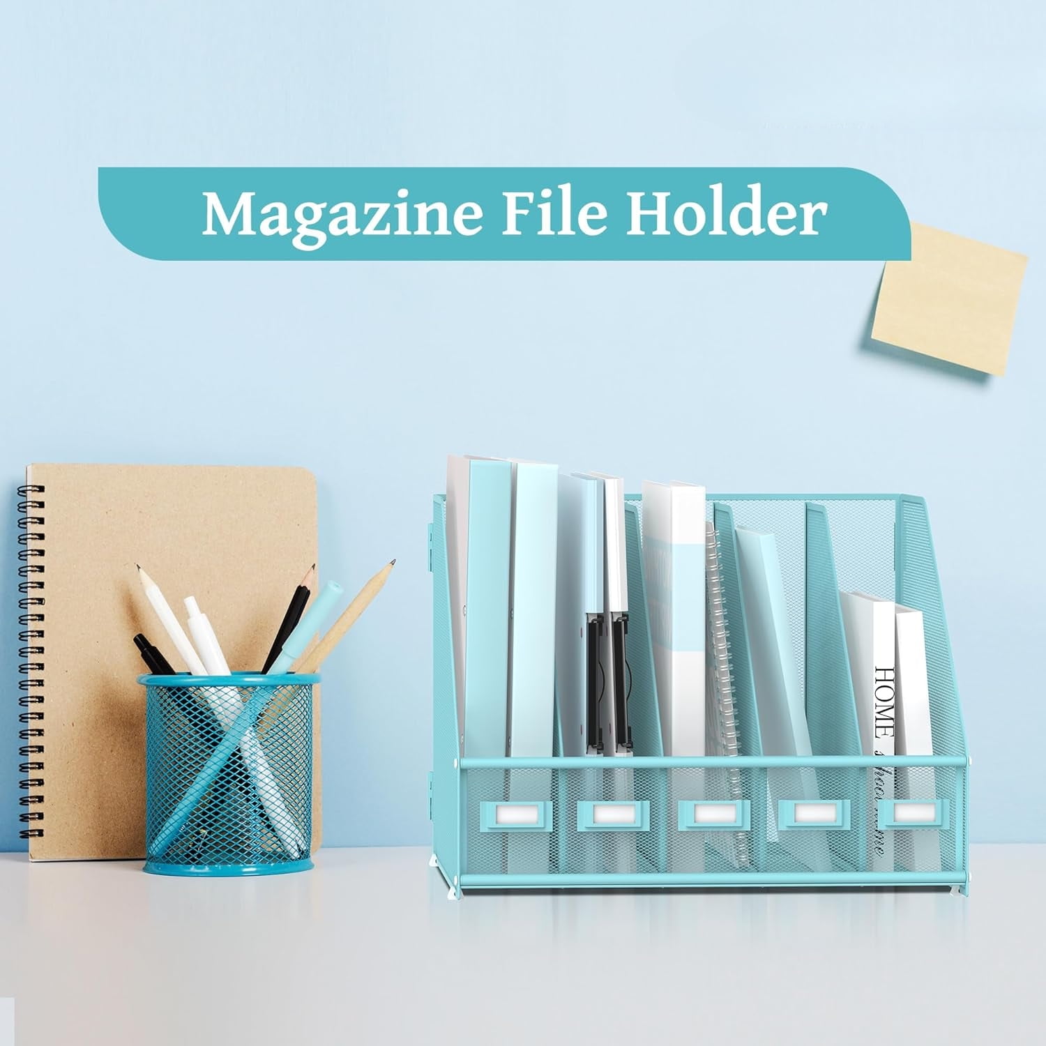 INTIGE Desk Organizer Magazine File Rack with 5 Vertical Compartments, Metal Mesh for Desk and Home Workspace