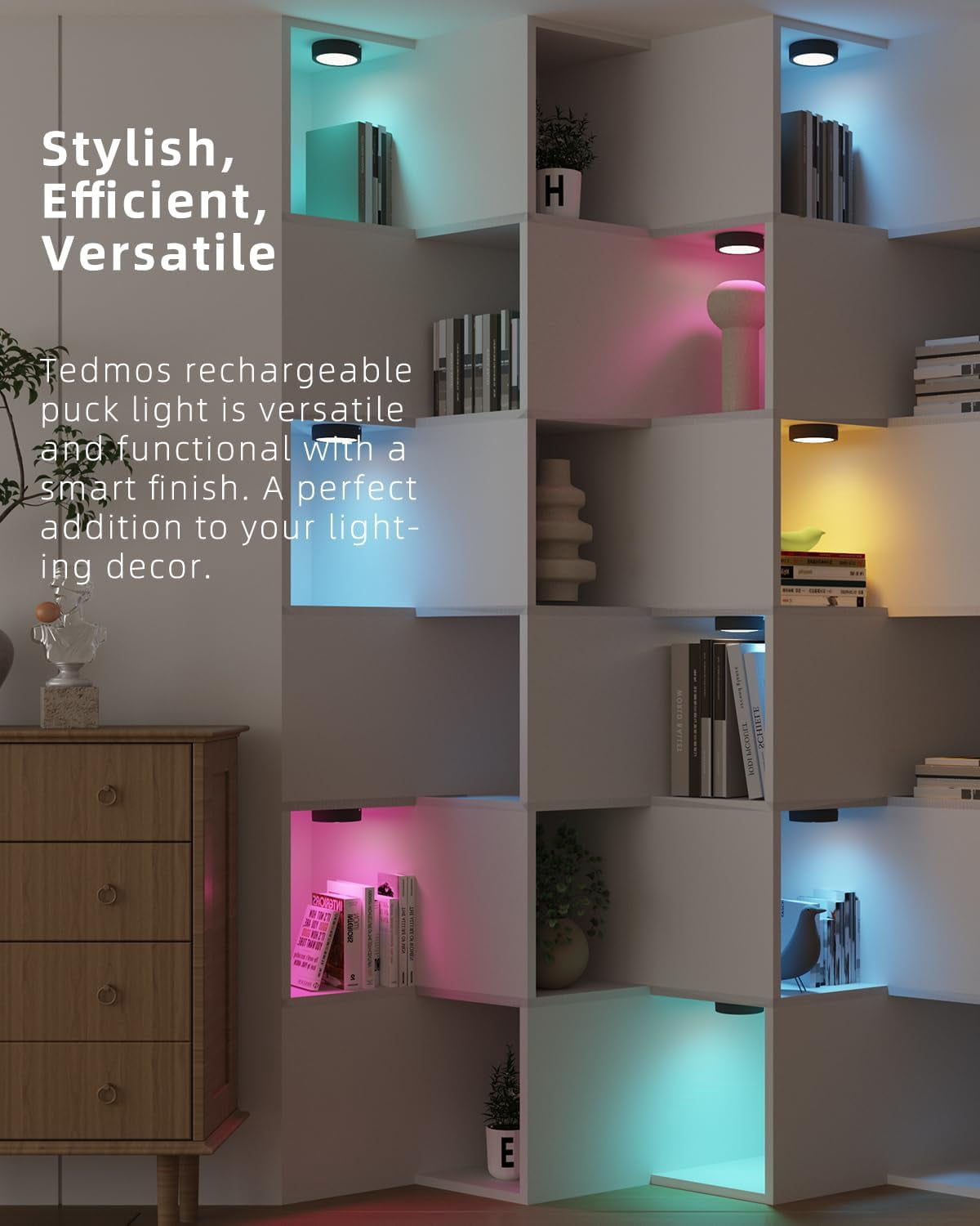 2400mAh USB Rechargeable Puck Lights with Remote Control, Black RGB Battery Operated Tap Light Stick on Push LED Under Cabinet Lighting Wireless Magnetic For Kitchen Counter Shelf Closett