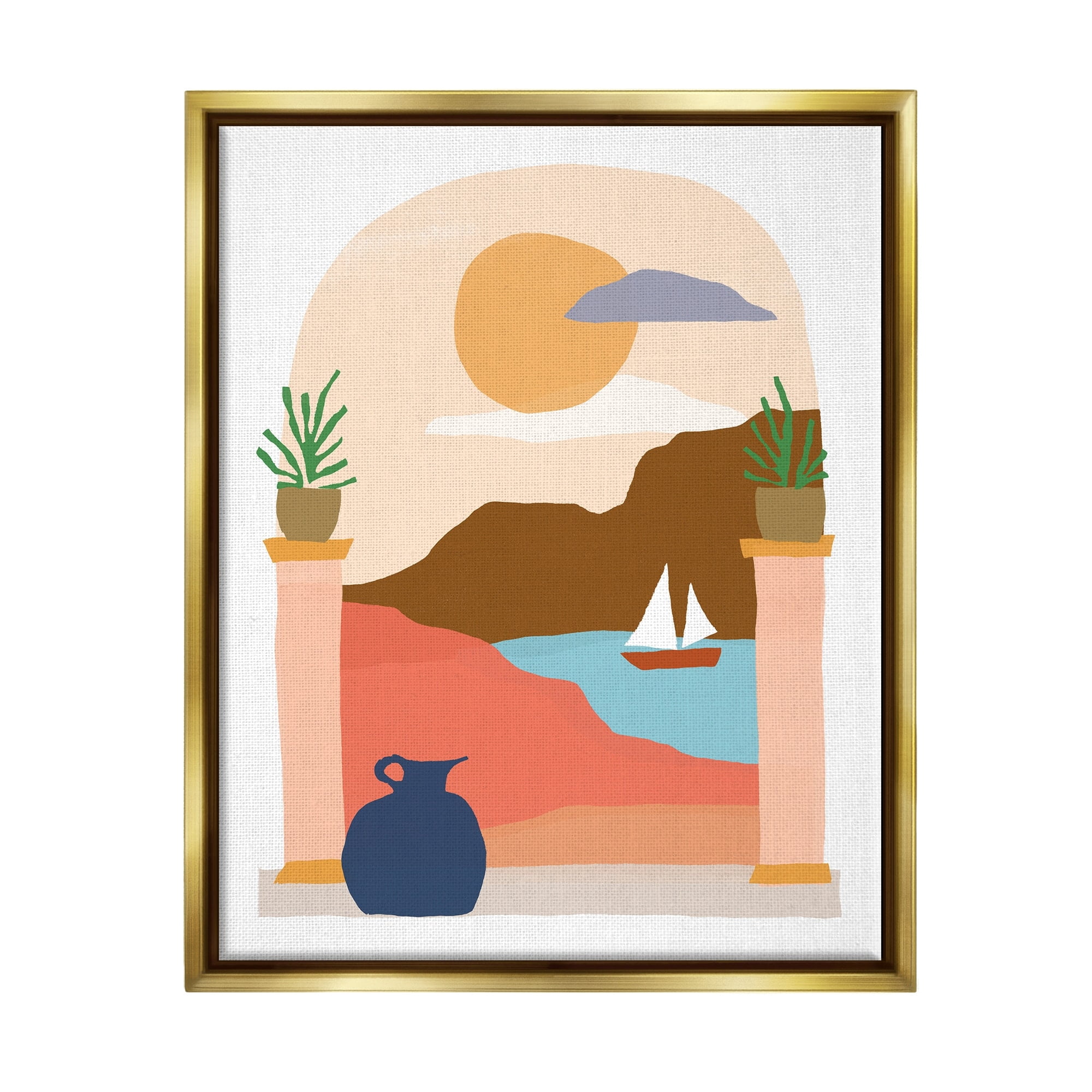 Stupell Industries Calm Distant Sailboat Arch Shaped Landscape Scene Graphic Art Metallic Gold Floating Framed Canvas Print Wall Art, Design by June Erica Vess