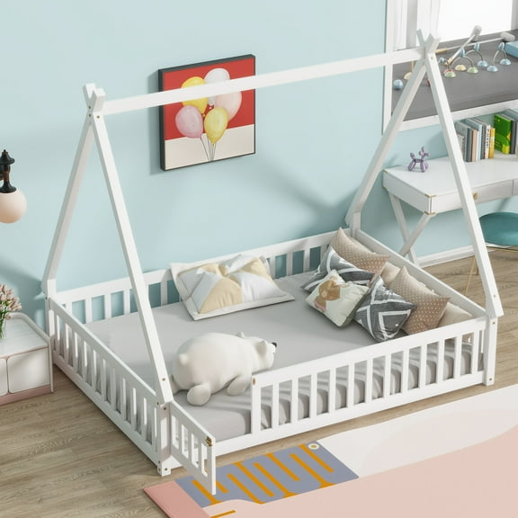 Miniyam Full Size Teepee Tent Floor Bed with Guardrails and Lockable Door, Wooden Montessori Bed with Slats for Kids Bedroom, White