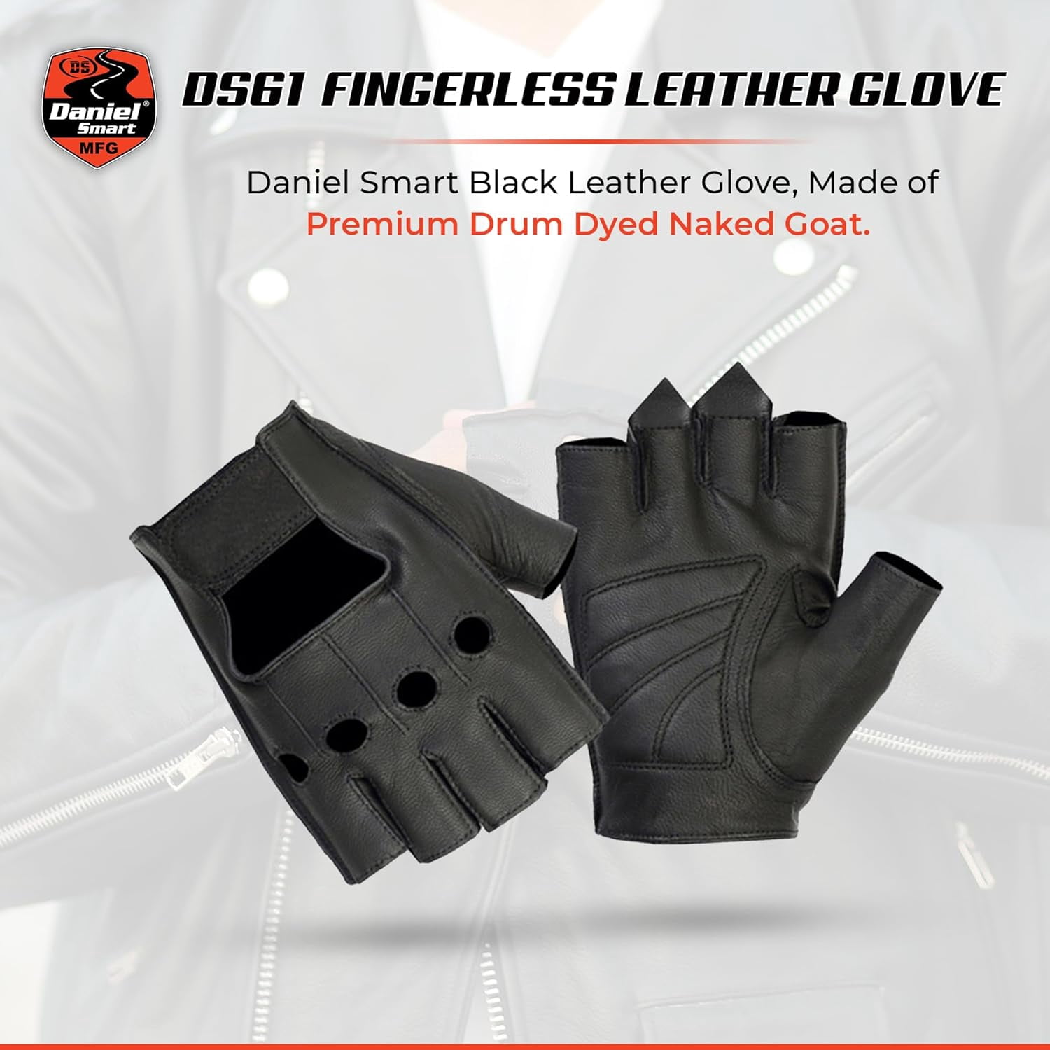 Daniel Smart Men’s Leather Gloves – Naked Goatskin Leather - Fingerless Motorcycle Gloves with Pull Tabs and Gel Palm