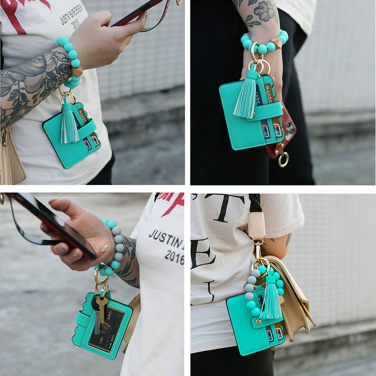 Circle Bangle Leather Keychain Wallet ID Card Holder Keyring Wristlet Bracelet Key Ring Chain Tassel Purse Women Girls