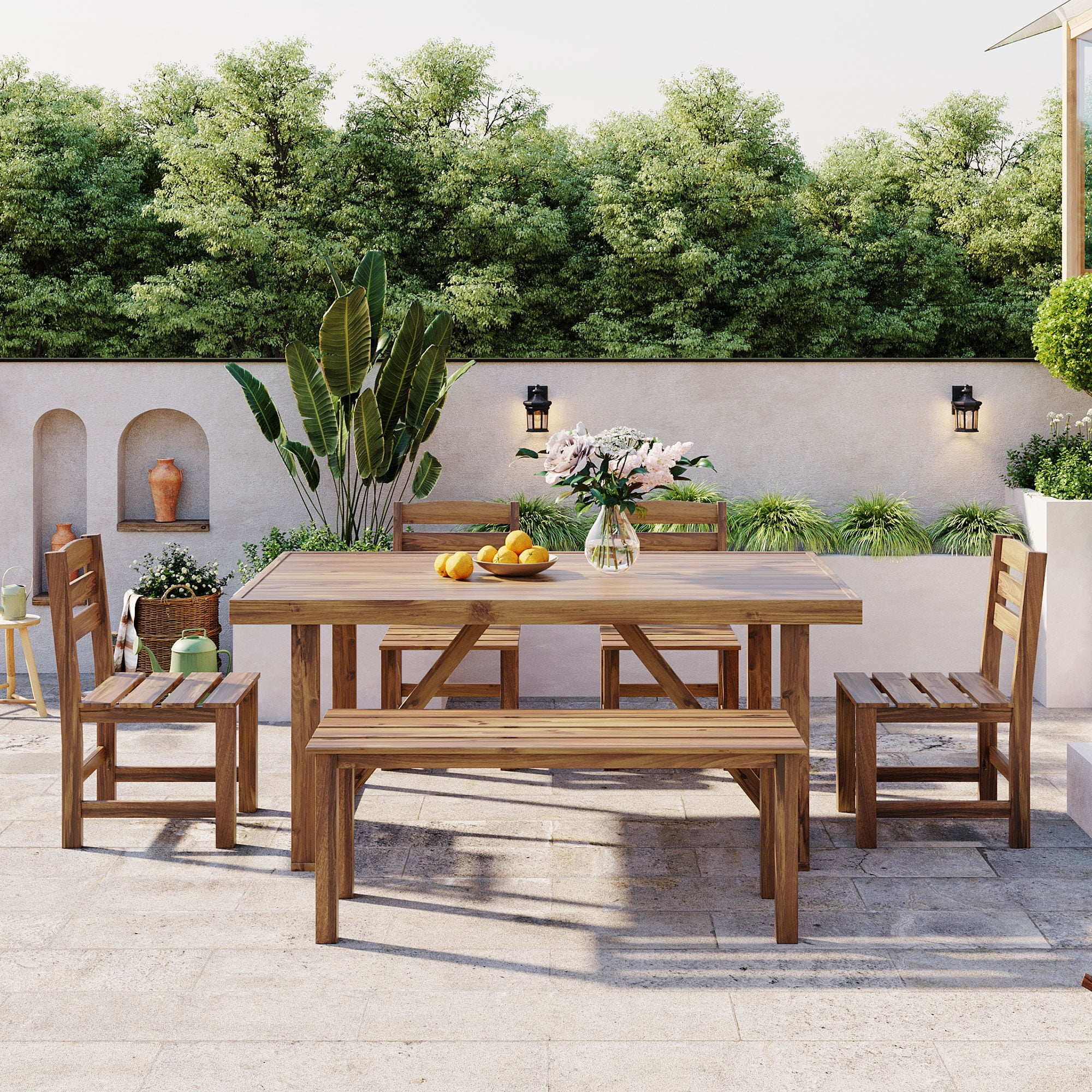 Harper & Bright Designs 6 Piece Acacia Wood Outdoor Patio Dining Set, Natural Wood