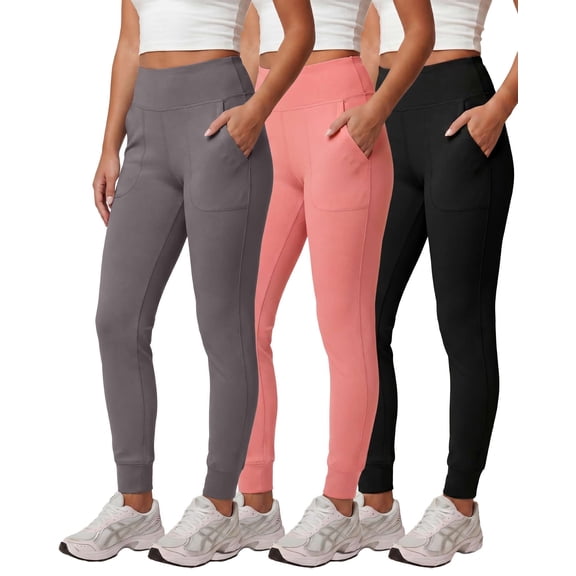 Real Essentials 3 Pack: Women's Workout Yoga Jogger Track Pants - High Waist Running Athletic Sweatpants with Pockets (Plus)