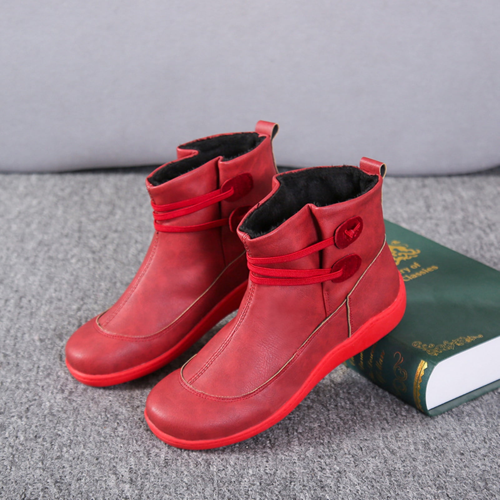 Red leather flat ankle boots clearance