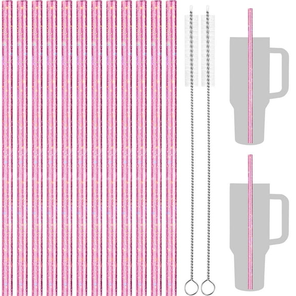 NiHome 12-Pack Glitter Replacement Straws for Stanley Tumbler 40OZ & 2 Cleaning Brushes Set, 12" Length BPA-Free Durable PETG Material for Various Beverages & Cups, Adds Sparkle to Your Drinks (Pink)