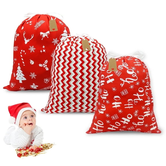 3 PCS Christmas Goods Gift Bags Christmas Sack for Gifts Cotton Cloth Red and Black Plaid Christmas Fabric Bags Assorted Sizes for Party Favors