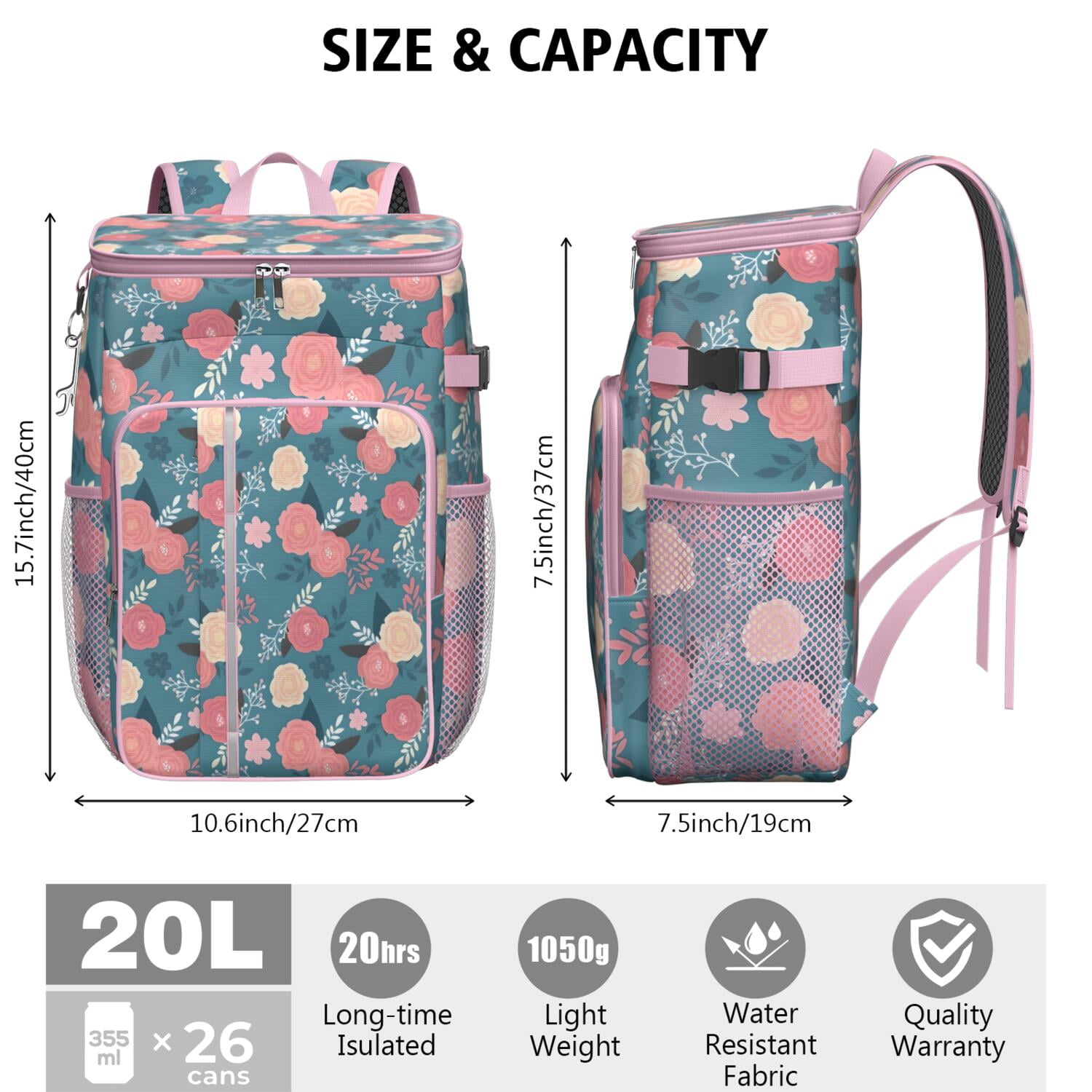 Travel Cooler Bag - Pioneer Flower Floral Print Pattern Camping Beer Cooler Backpack with Bottle Opener- Waterproof Insulated Picnic Backpacks - Cooler Bag for Beach