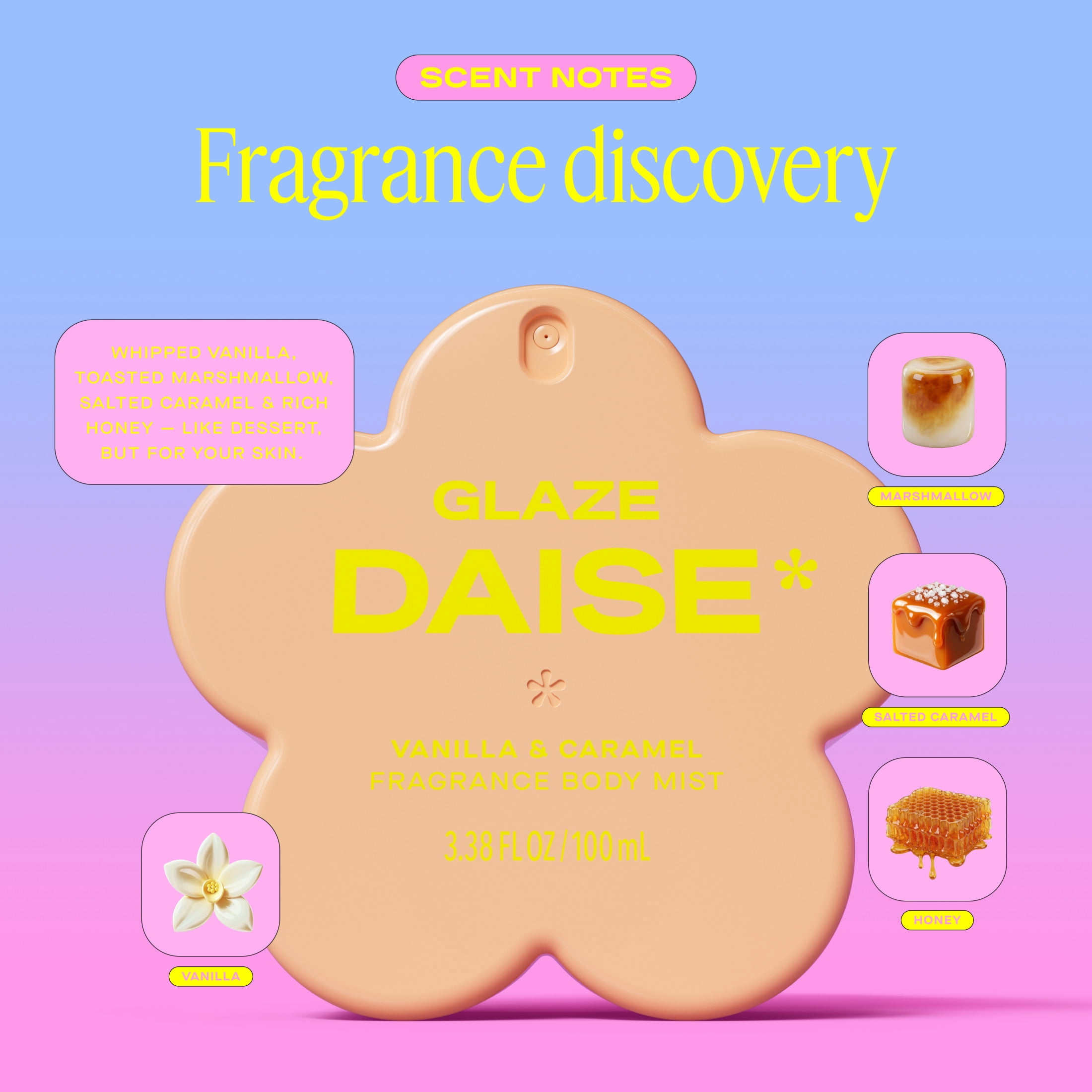 DAISE Fragrance Body Mist in Glaze, Vanilla & Caramel, 3.38 FL OZ / 100 mL