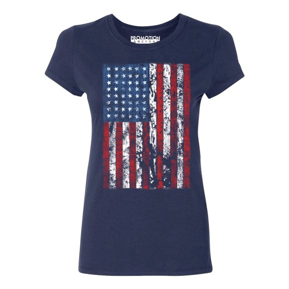 P&B Distressed USA Flag 4th of July Independence Day Women's T-shirt, Navy, S
