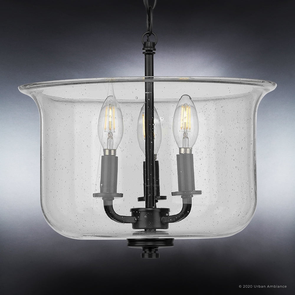 Luxury French Country Indoor Ceiling Light, 11.875''H x 13.75''W, with English Country Style Elements, Colonial Design, Midnight Black Finish and Clear Seeded, UHP3731
