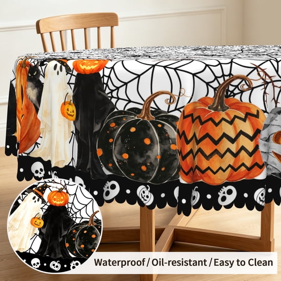 Tchckioa Halloween Spider Web Ghosts Pumpkins Tablecloth,60 Inch Round Oil-resistant Table Cloth Cover for Kitchen