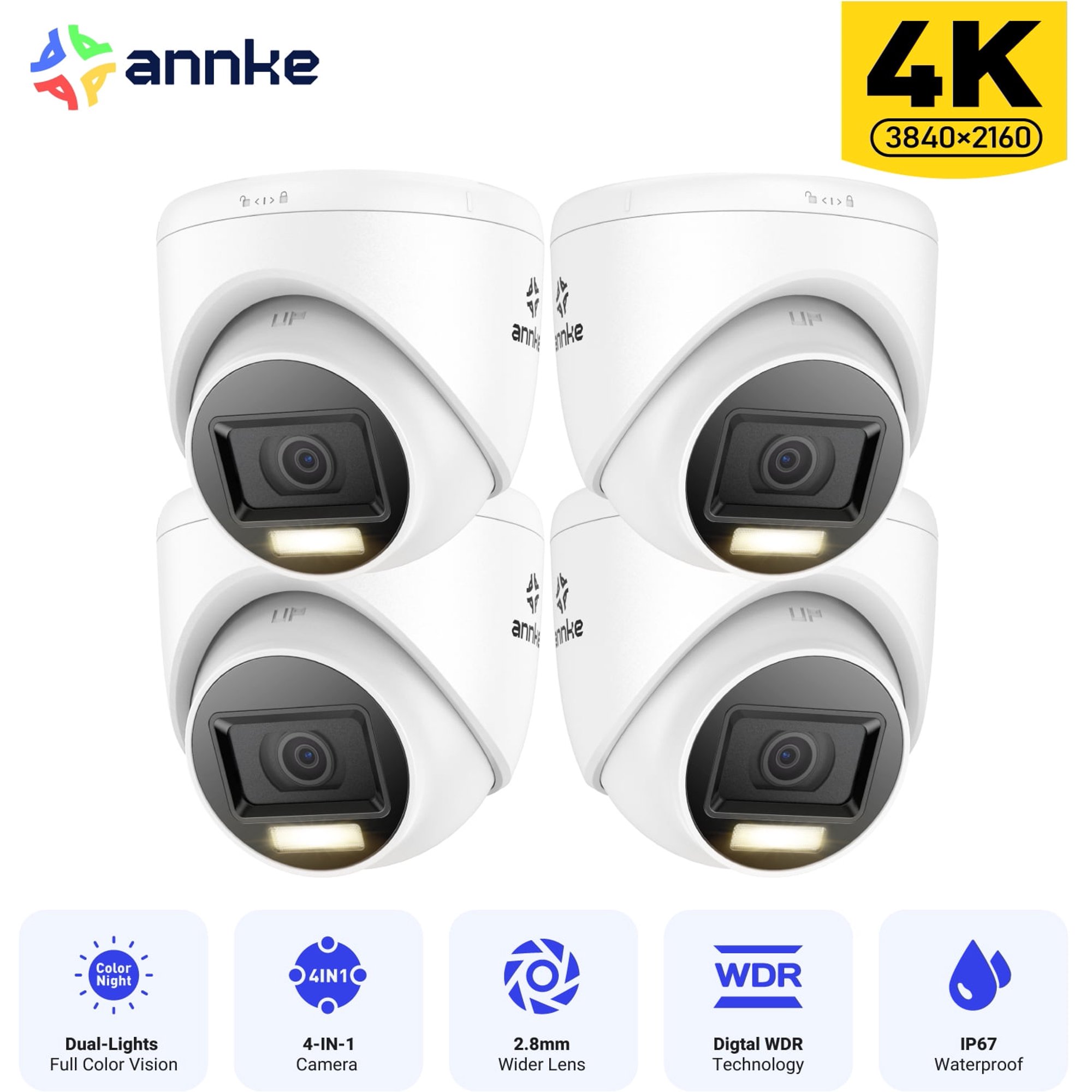 ANNKE 4PCS 4K Smart Dual Light Wired CCTV Security Camera, Color & IR Night Vision, 3840x2160@20fps, f/1.6 Super Aperture, 4-in-1 Output Signal, IP67, 2.8mm Lens, Human&Vehicle Detection