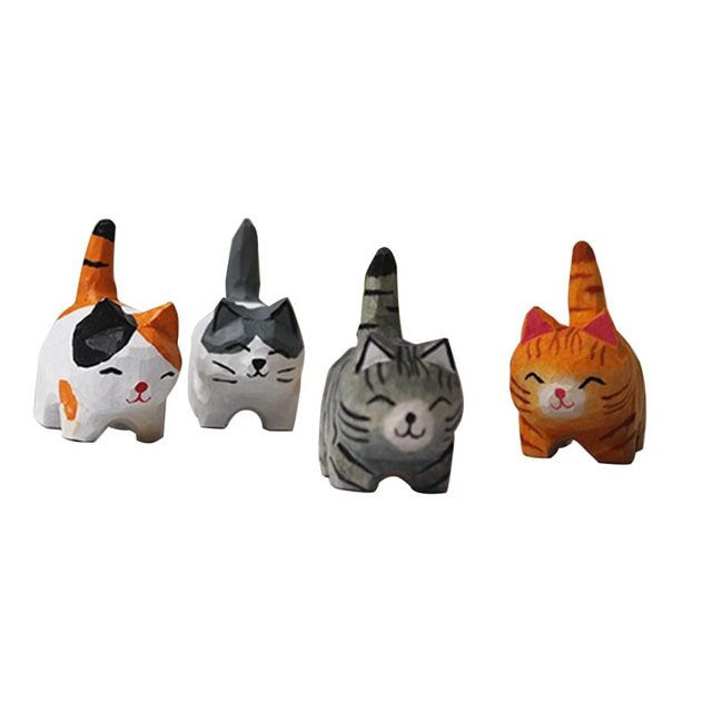 Figuras de gatos de madera Escultura Estatua Hermosa pequeña estatua de gatos naranjas tallada a mano Trabajo de tallado de arte de gatito de madera.