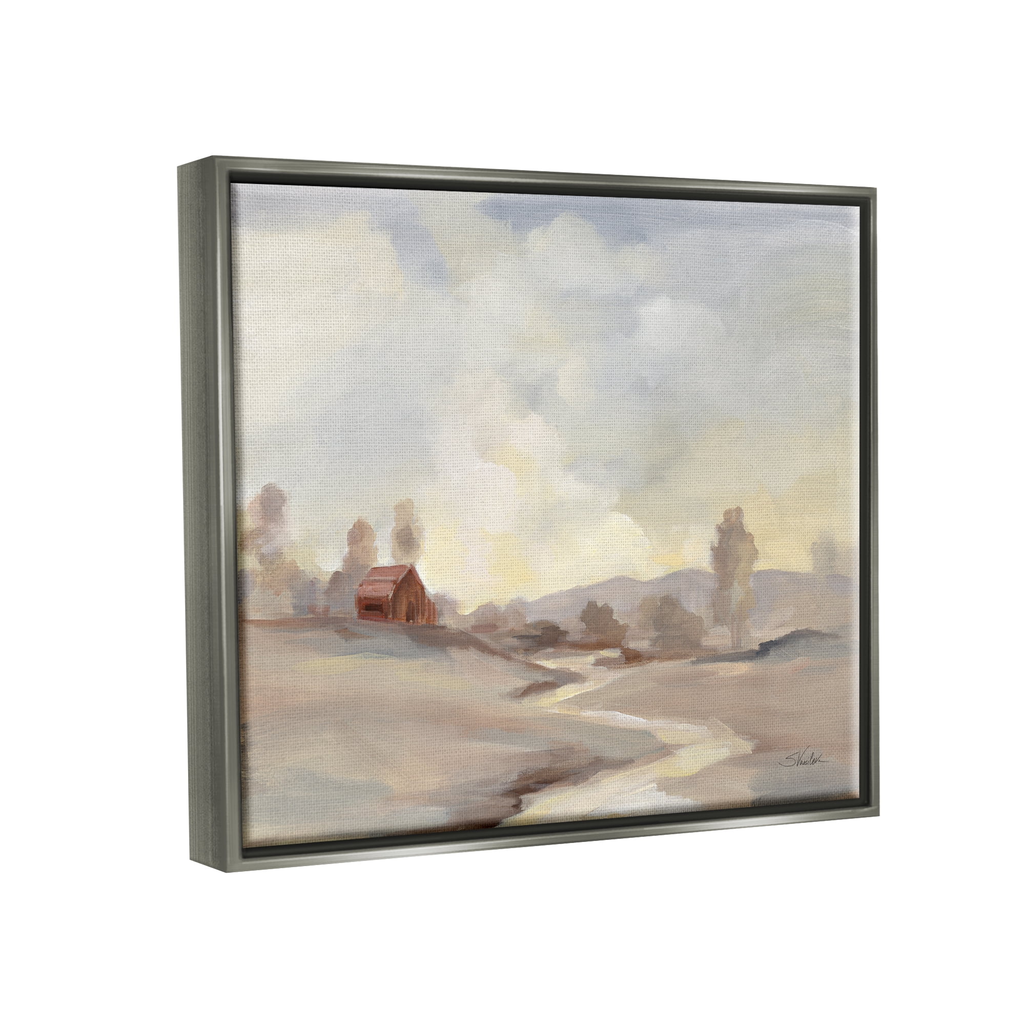 Stupell Industries Abstract Cabin Landscape Nature Painting Gray Floater Framed Art Print Wall Art, 31 x 25