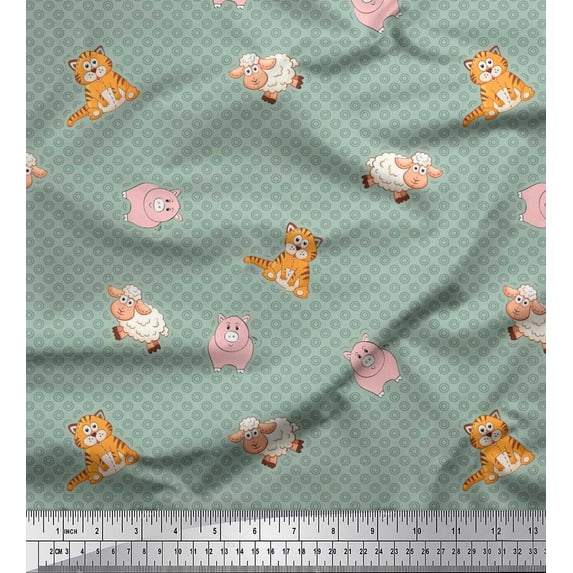 Soimoi Cotton Voile Fabric Circle,Pig & Sheep Kids Print Fabric by Yard 56 Inch Wide