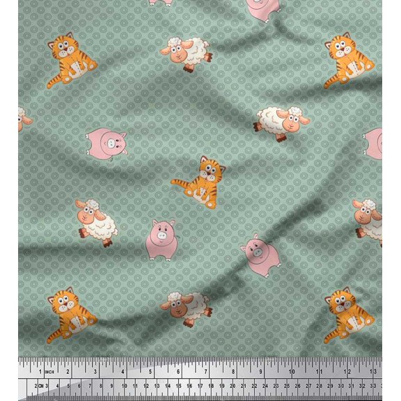 Soimoi Poly Georgette Fabric Circle,Pig & Sheep Kids Print Sewing Fabric Yard 42 Inch Wide