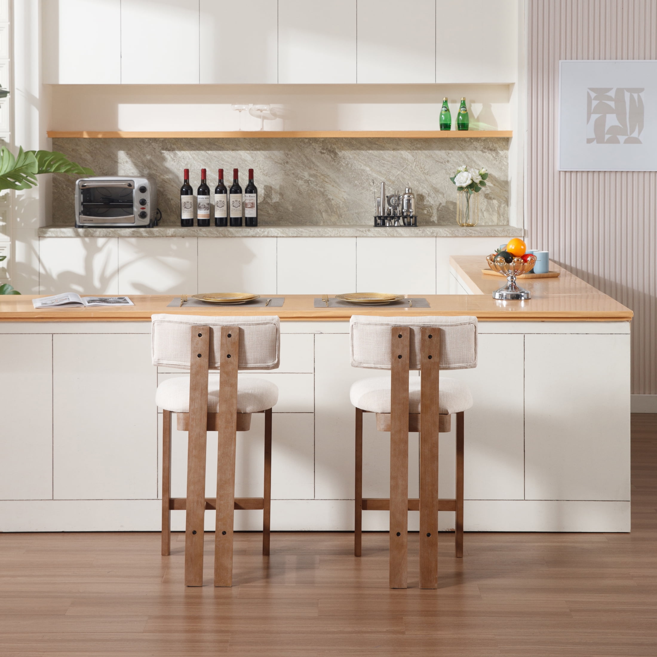 Guyou Modern Bar Stools Set of 2, 26 Inch Counter Height Bar Stools with Curved Backrest, Linen Upholstered Counter Stools, Wooden Kitchen Island Chairs for Kitchen Bar Cafe, Beige