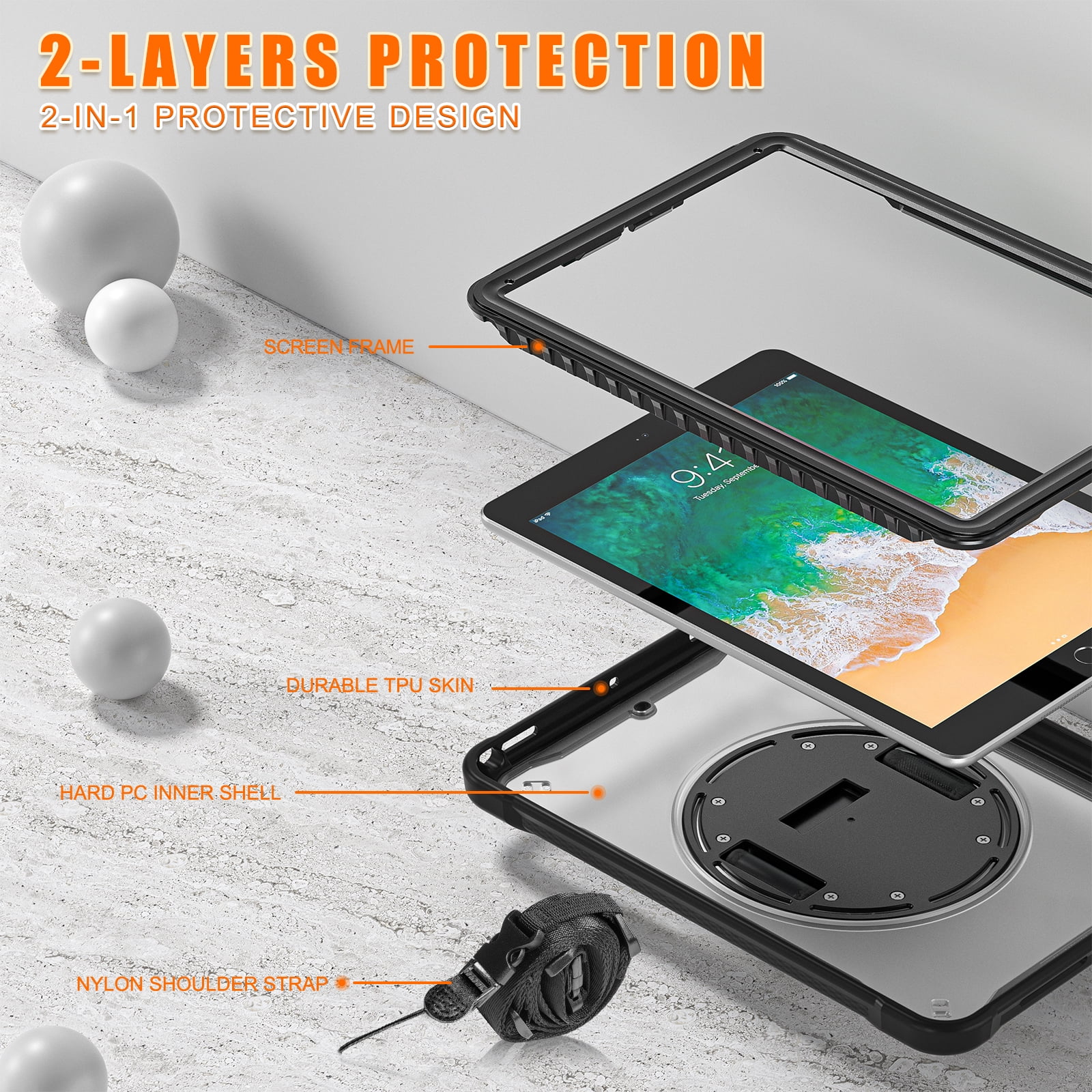 Dteck Case for iPad Air 2/iPad Pro 9.7"/iPad 5th/6th Generation,Military Grade Shockproof Silicone Protective Cover 360° Rotatable Stand- Shoulder Strap- Handle- Pencil Holder,Black