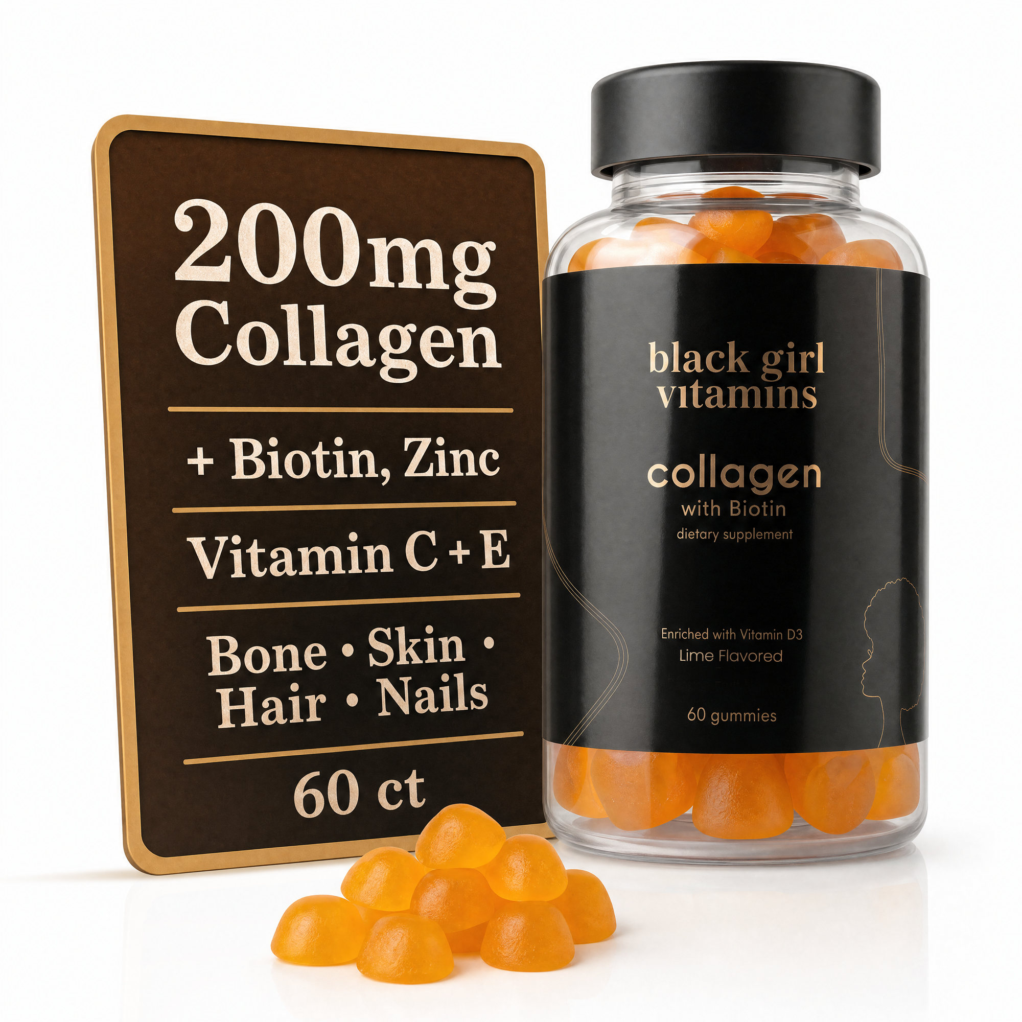 Black Girl Vitamins - Collagen GUMMIES for Healthier Skin, Stronger Hair, and Fuller Nails, with Vitamin C, Vitamin E, and Biotin, Gluten-Free, (Lime), 60ct