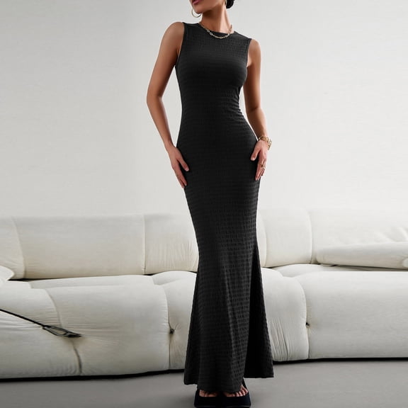 Women's Dresses Sleeveless Crew Neck Textured Solid Color Bodycon Maxi Slim Flare Hem Dress Black S