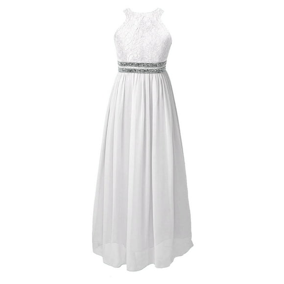 Kaerm Robe Junior Demoiselle d'Honneur pour Filles, Dos Nu, Dentelle Florale, Sans Manches, Chiffon, Longue, Robe à Fleurs, Robe de Mariage, de Fête, de Concours, Blanche, 14
