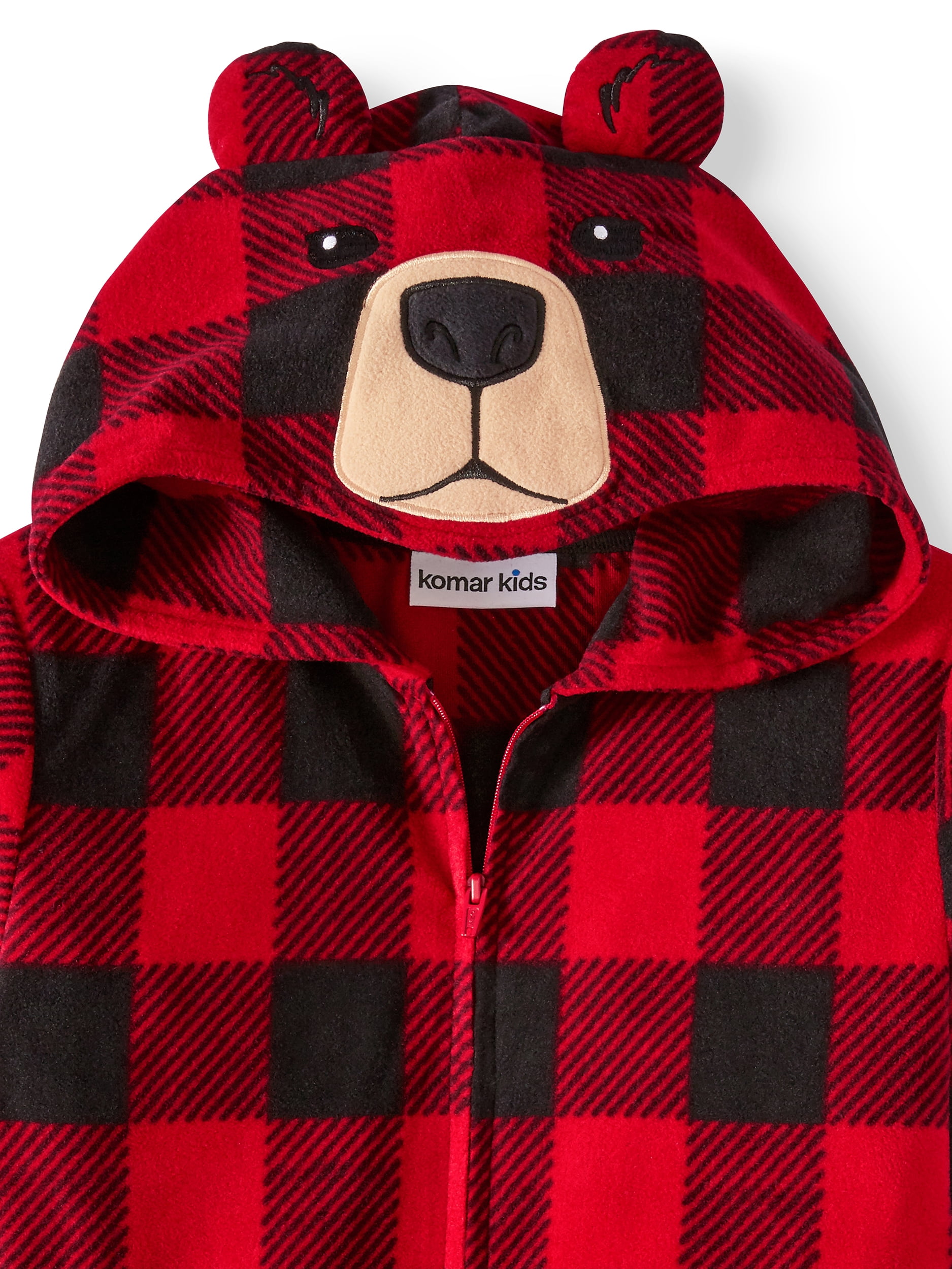 Komar Kids Boys Bear Red Buffalo Plaid Hooded One-Piece Pajamas