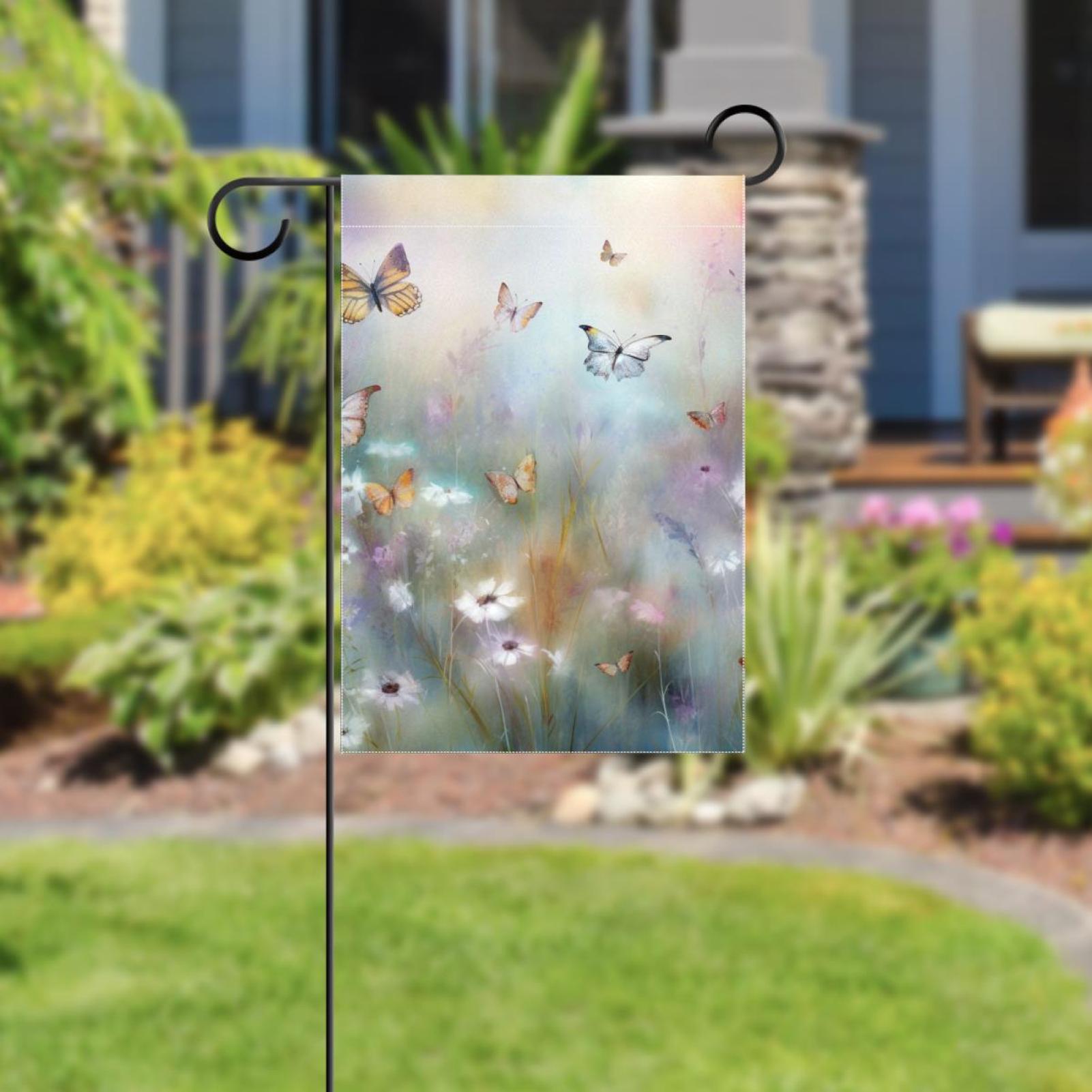 Welcome Cute Butterflies Watercolor Pattern Garden Flag, Vertical Double Sided Small House Flag, Yard Farmhouse Outdoor Deck Veranda Lawn Decor 28x40 Inch