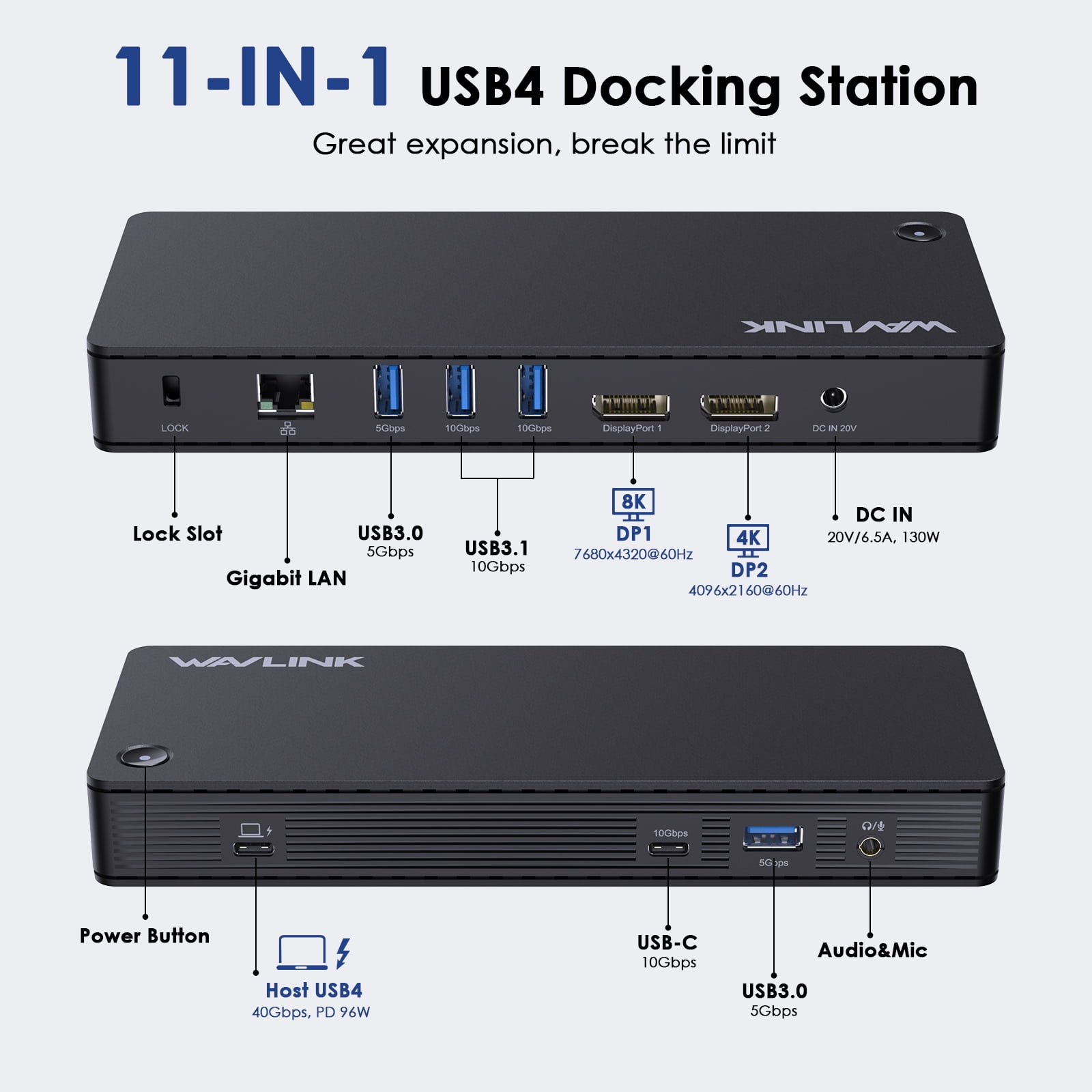 WAVLINK Dock Station, 11-IN-1 USB Dock with 8K DisplayPort, 130W