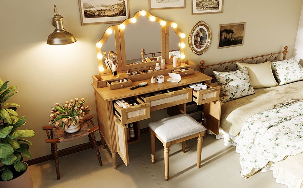 Mintazer 44" Makeup Vanity Set with Tri-Fold LED Mirror & Charging Station, Dressing Table with 5 Drawers & 2 Cabinets and Stool, Makeup Vanity Desk with Hollywood Bulbs for Bedroom, Natural