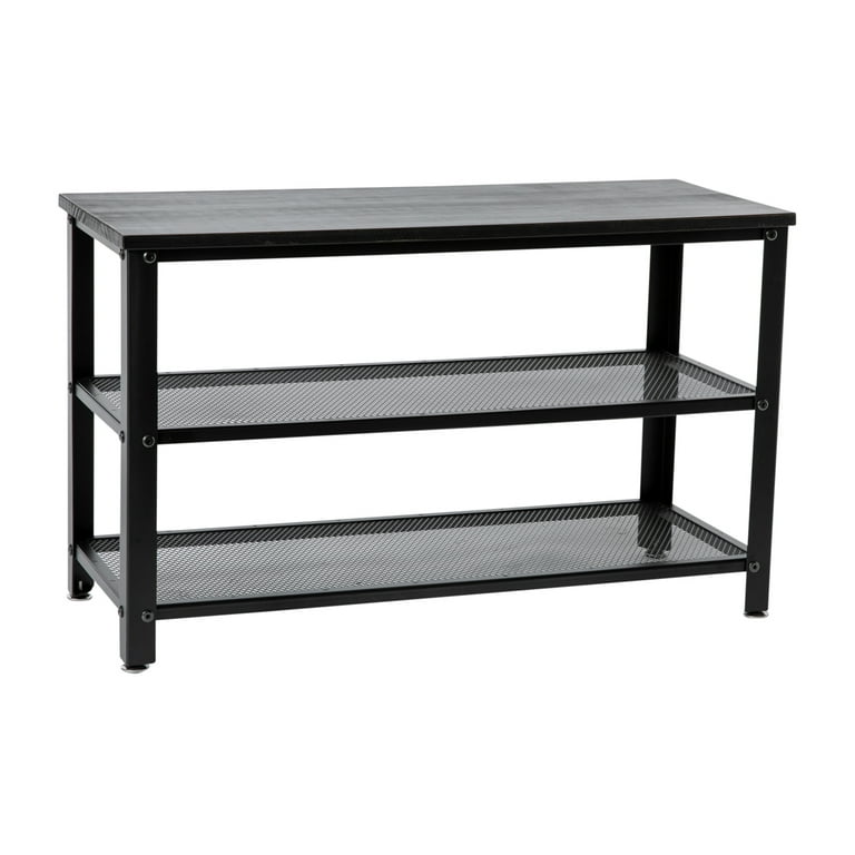 BizChair 3-Tier Wooden Entryway Bench with Metal Mesh Shoe Storage